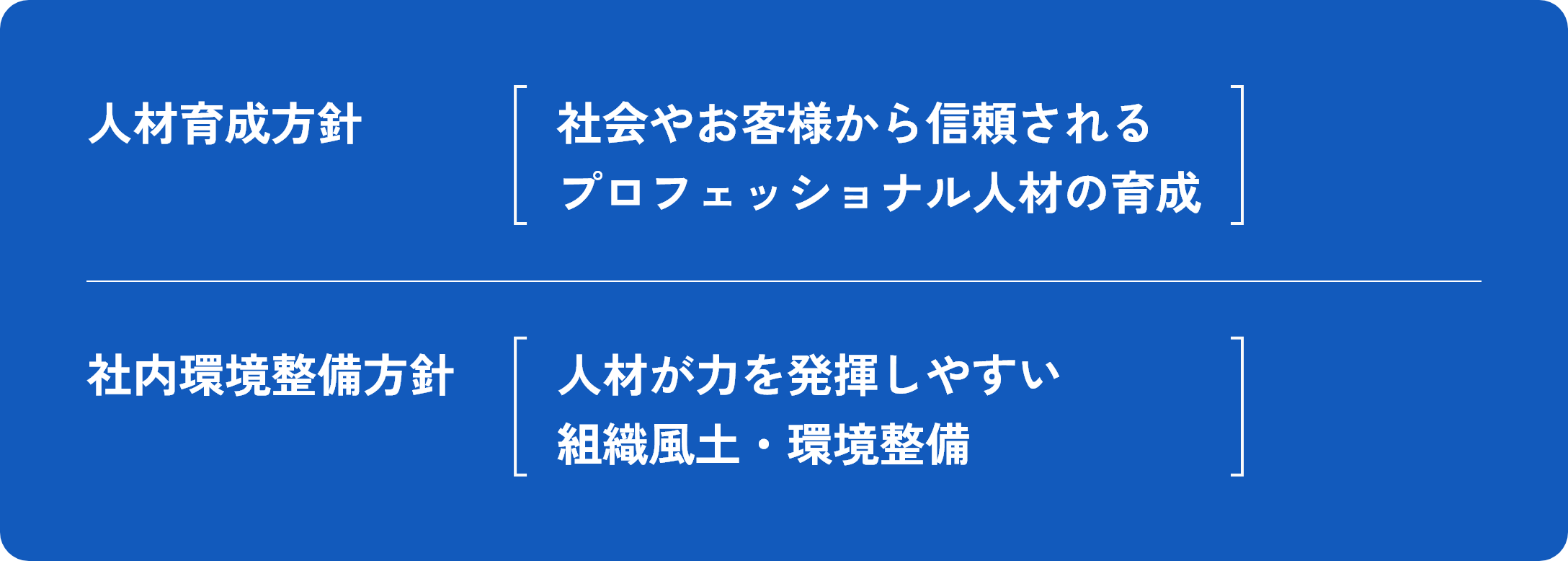 人材育成方針[社会やお客様から信頼される プロフェッショナル人材の育成]　社内環境整備方針[人材が力を発揮しやすい 組織風土・環境整備]
